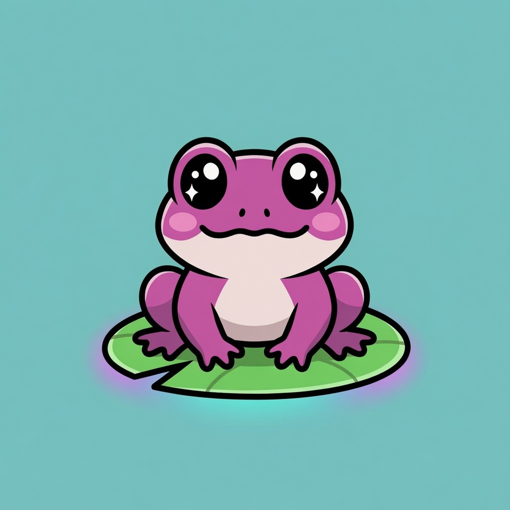 Lily, a soft pink kawaii frog with big sparkly eyes sitting calmly on a green lilypad